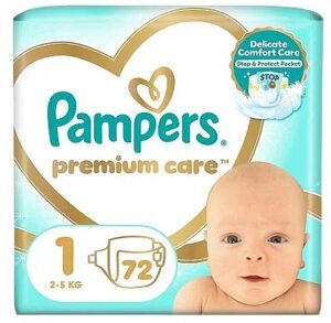 Hộp Pampers Premium Care size 1 (2-5kg), bỉm dán cho bé sơ sinh, mặt trước hộp